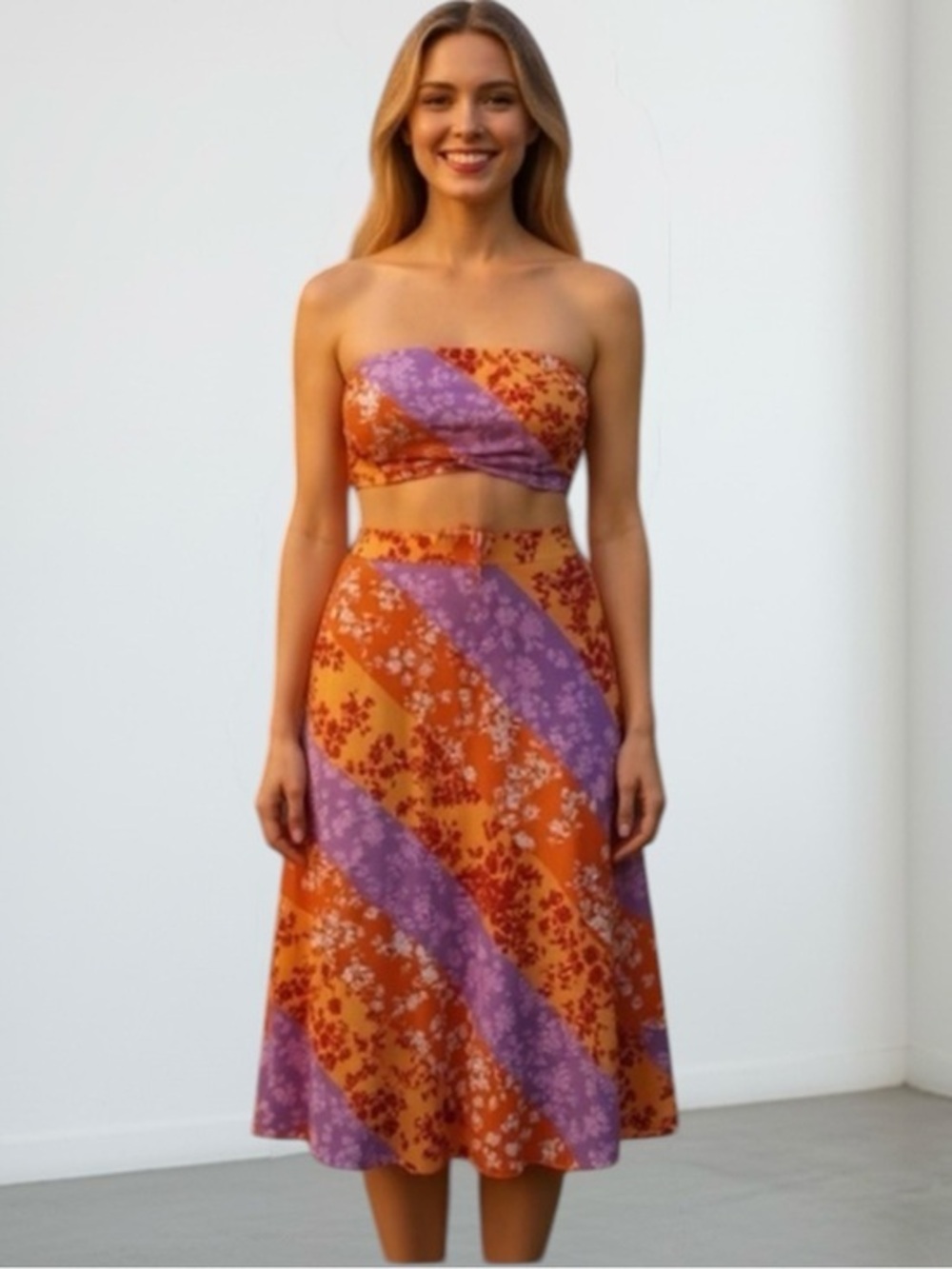 Floral Diagonal Stripe Midi Skirt in Orange and Purple